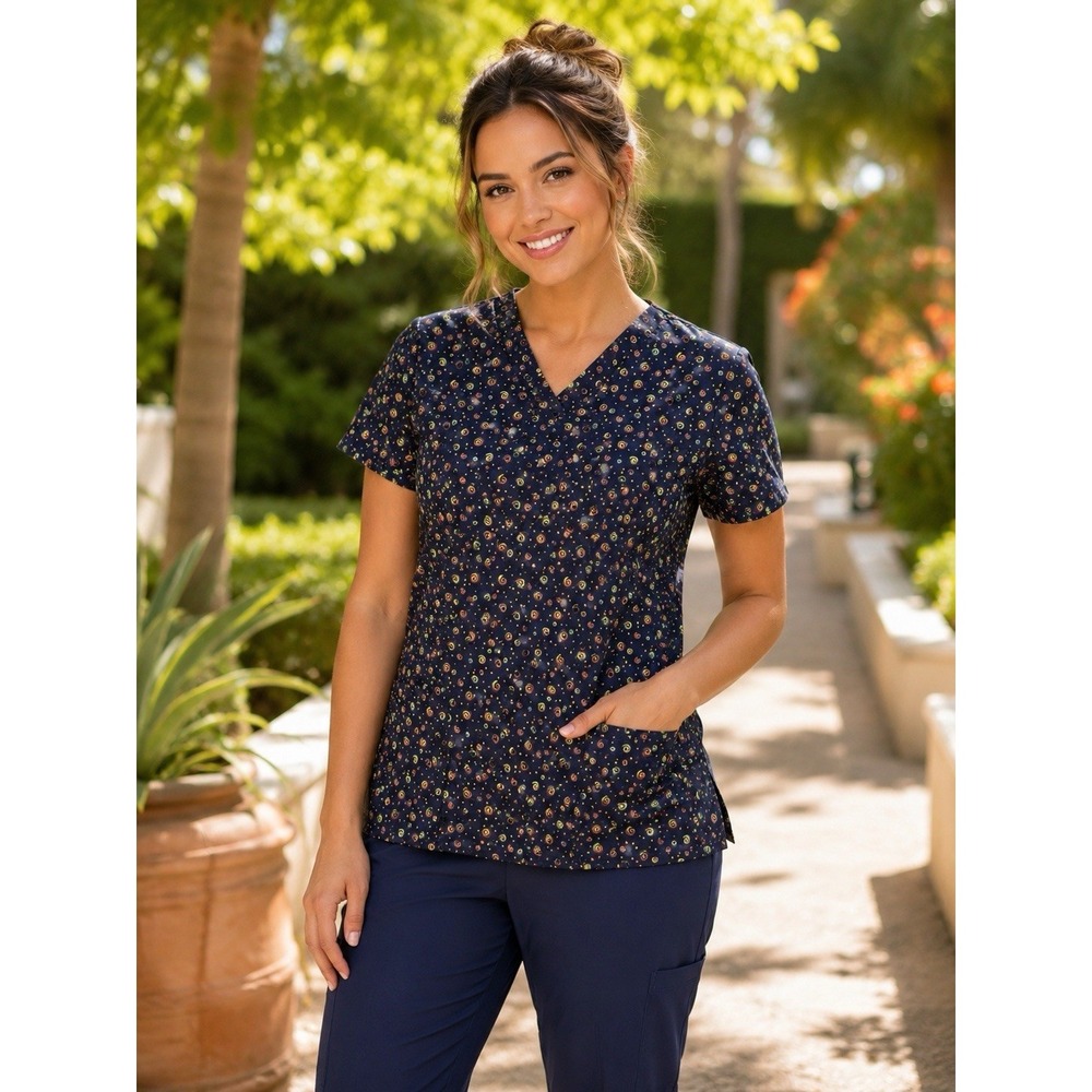TL Uniforms Women's V Neck Scrub Top Size Large Black With Neon Swirls Design